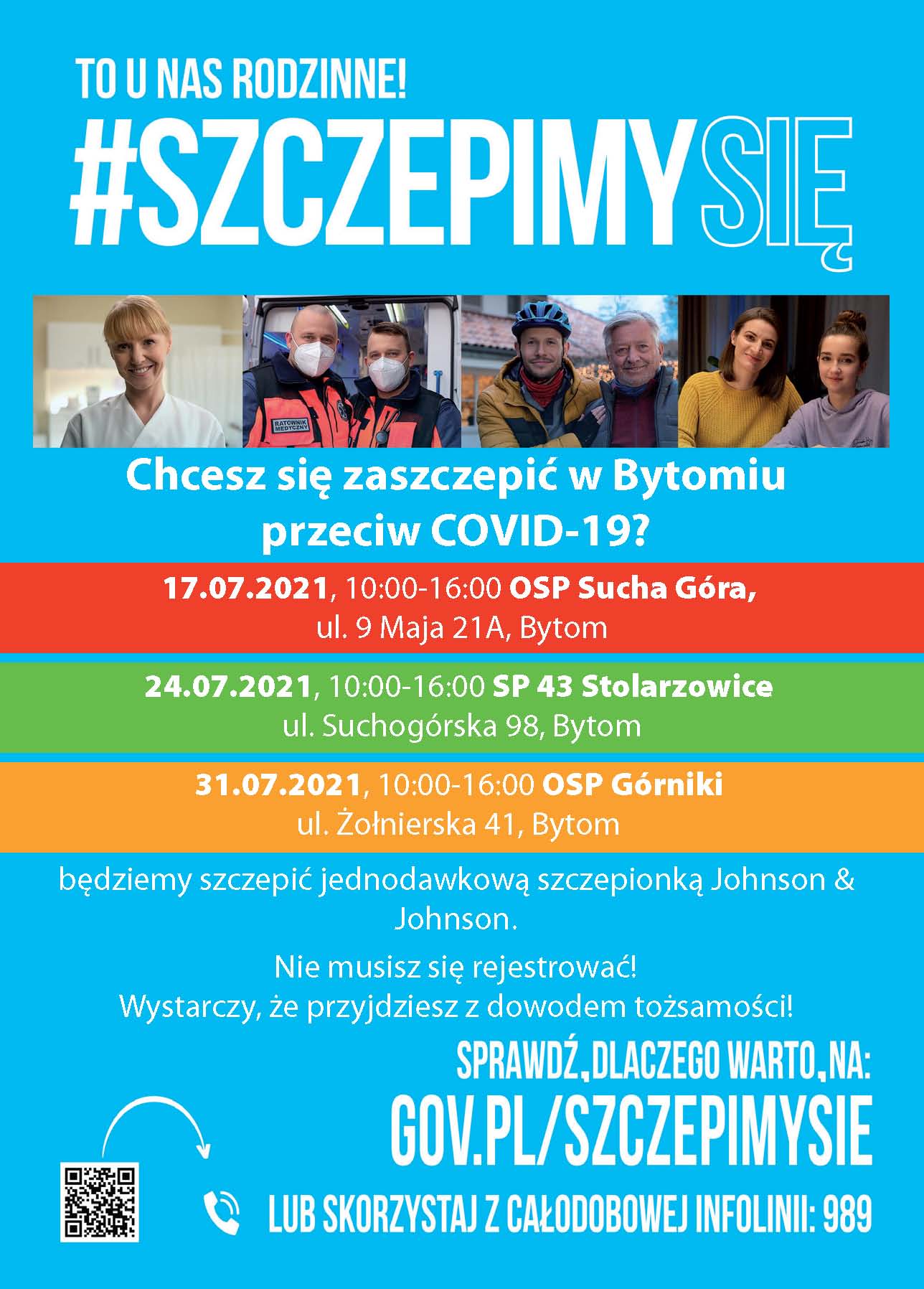Informacja o akcji szczepień w Bytomiu w kolejne soboty lipca 2021 roku; 17.07.21 - godz. 10.00 - 16.00 OSP Sucha Góra, 24.07.21 - godz. 10.00 - 16.00 SP 43 Stolarzowice, 31.07.21 - godz. 10.00 - 16.00 OSP Górniki