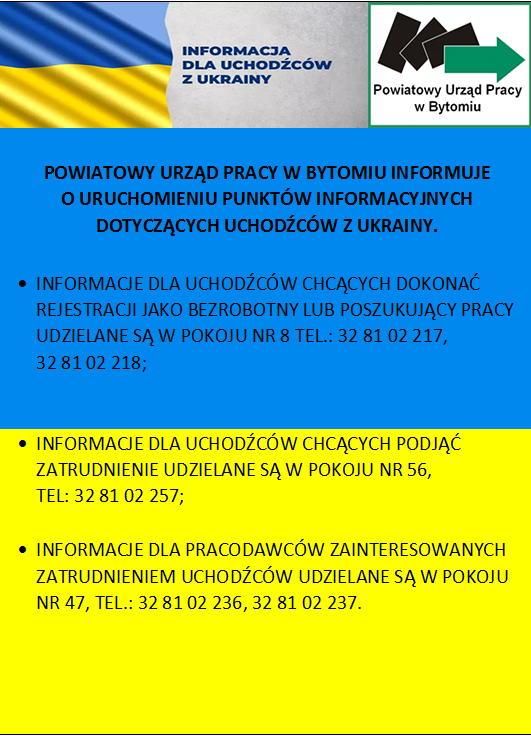 Plakat w barwach ukraińskich informujący o punktach informacyjnych dla uchodźców i pracodawców chętnych zatrudnić uchodźców z Ukrainy.