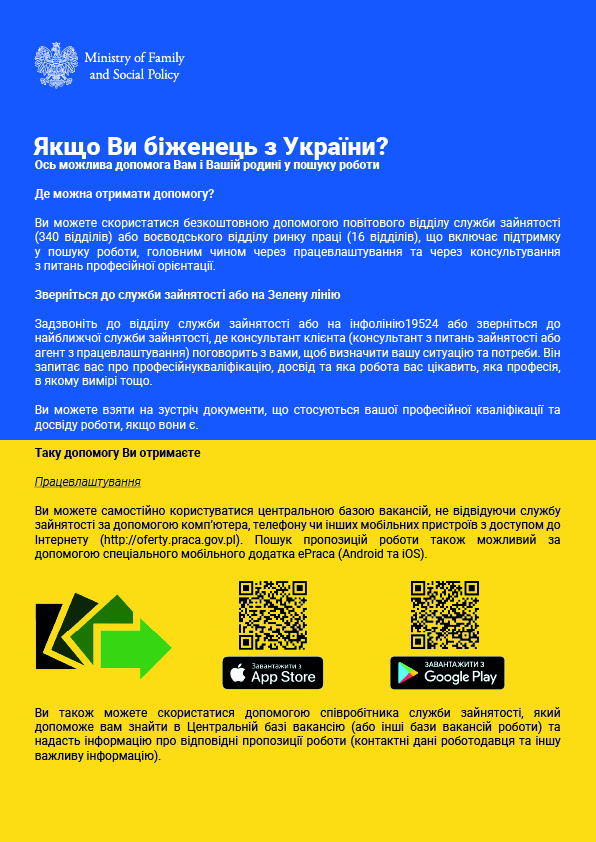 Ulotka w języku ukraińskim z informacjami o pomocy